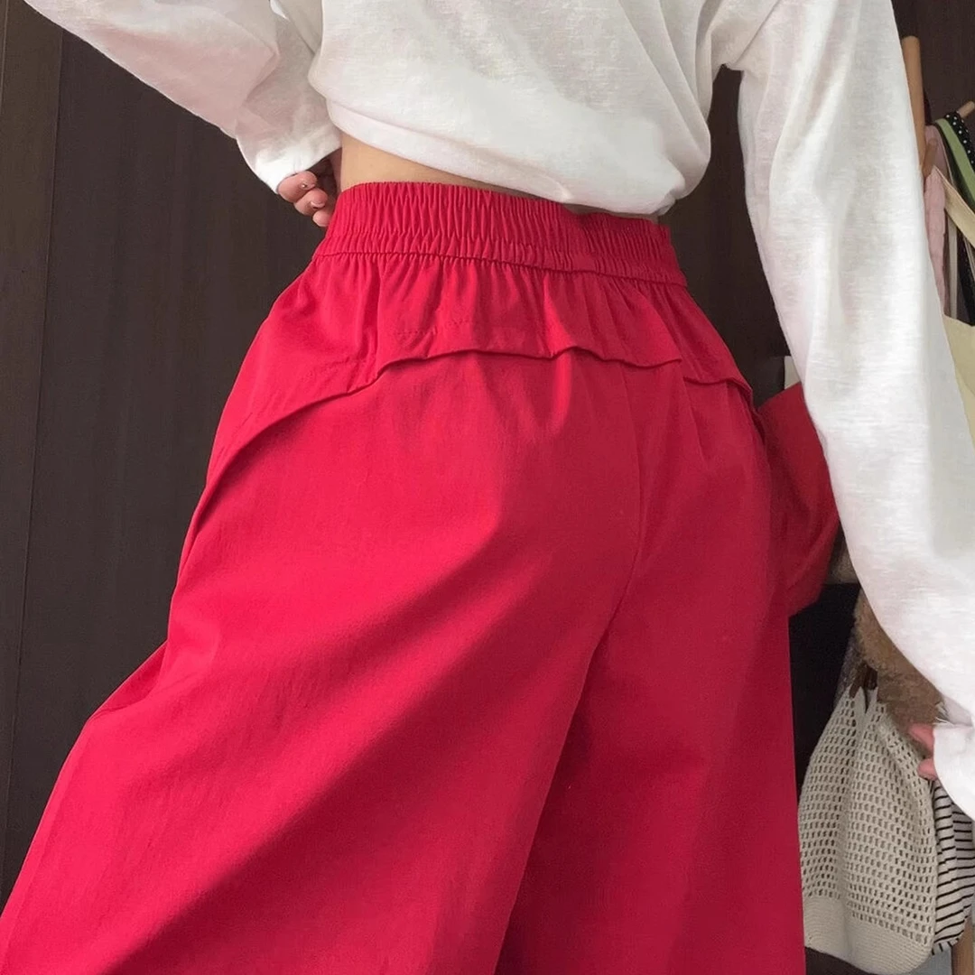 红色速干工装裤女夏季薄款2025新款垂感宽松显瘦阔腿裤休闲运动裤