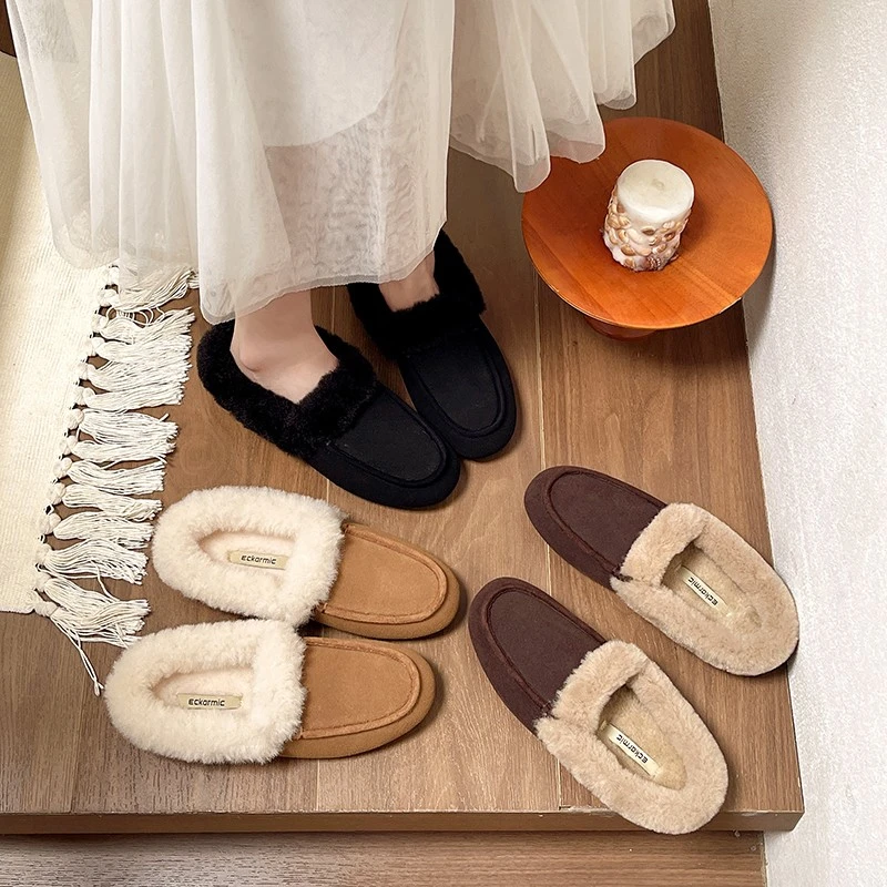 毛毛鞋女秋冬季外穿包头半拖鞋2025新款平底加绒豆豆鞋保暖棉拖鞋