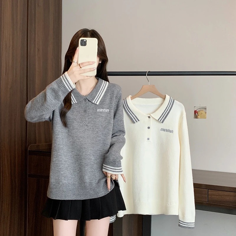 2025秋装新款胖mm甜美休闲polo领条纹刺绣字母针织毛衣上衣72075