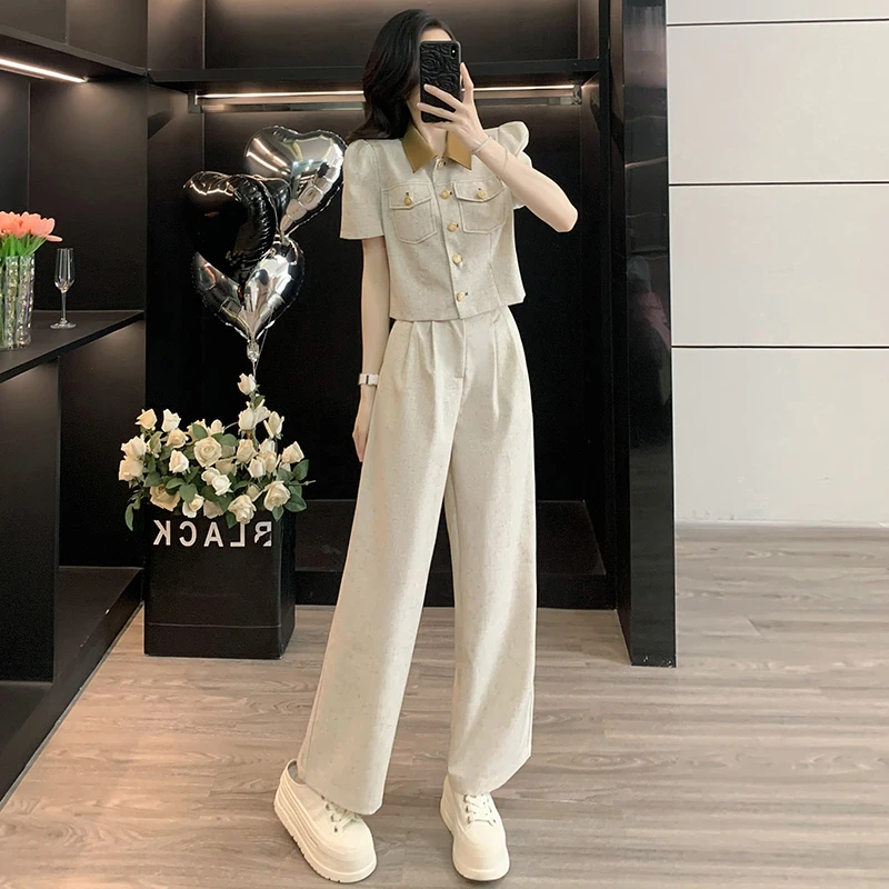 高级感小香风休闲时尚套装女夏季气质减龄POLO领短袖外套阔腿西裤