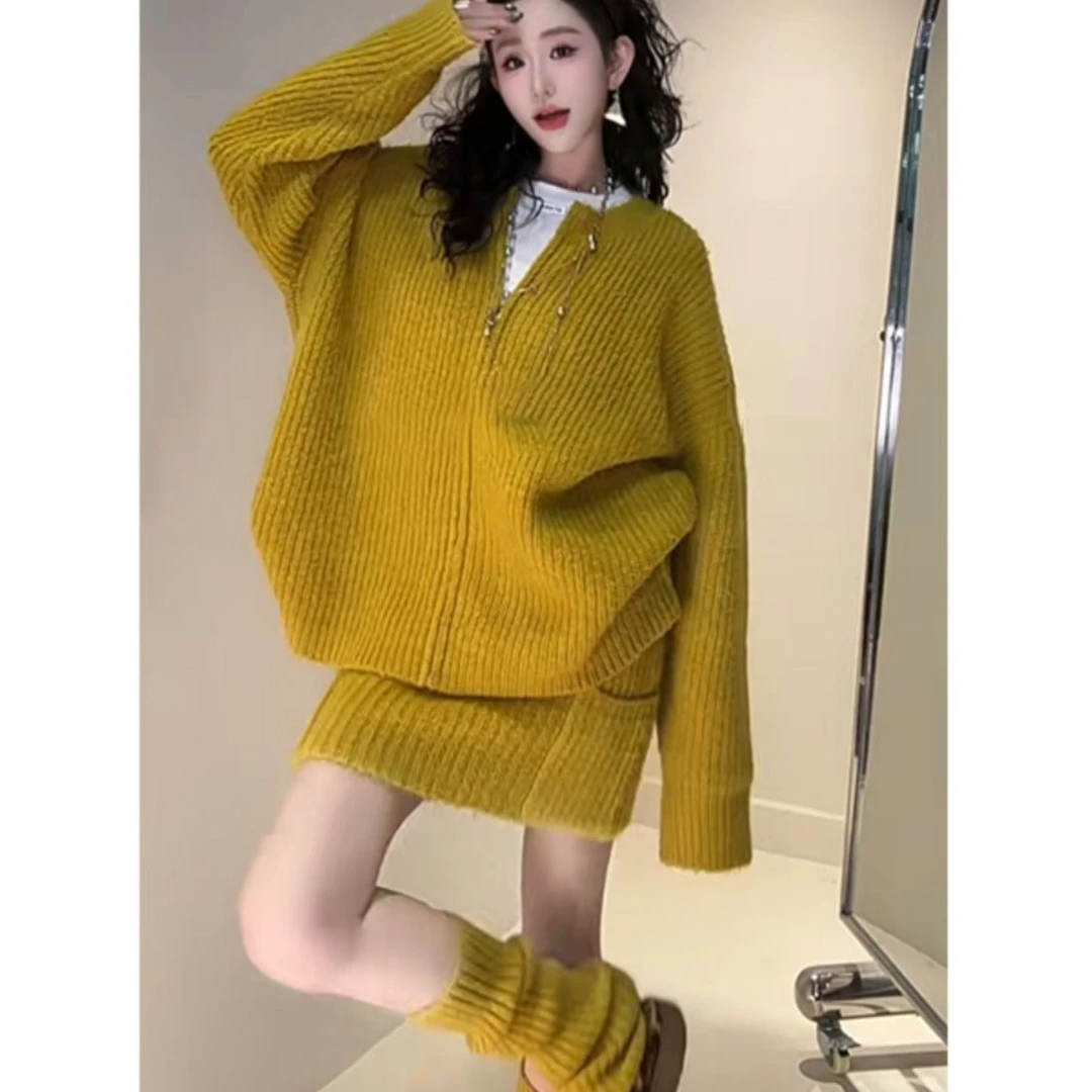 小个子穿搭一整套时尚慵懒风软糯毛衣开衫半身裙两件套带堆袜套