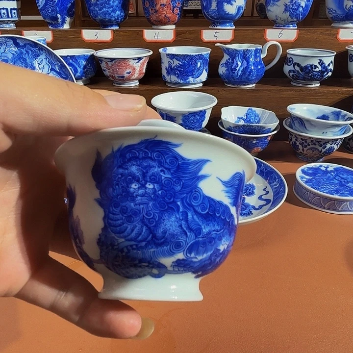 佛***哥青花手工手绘五狮盖碗