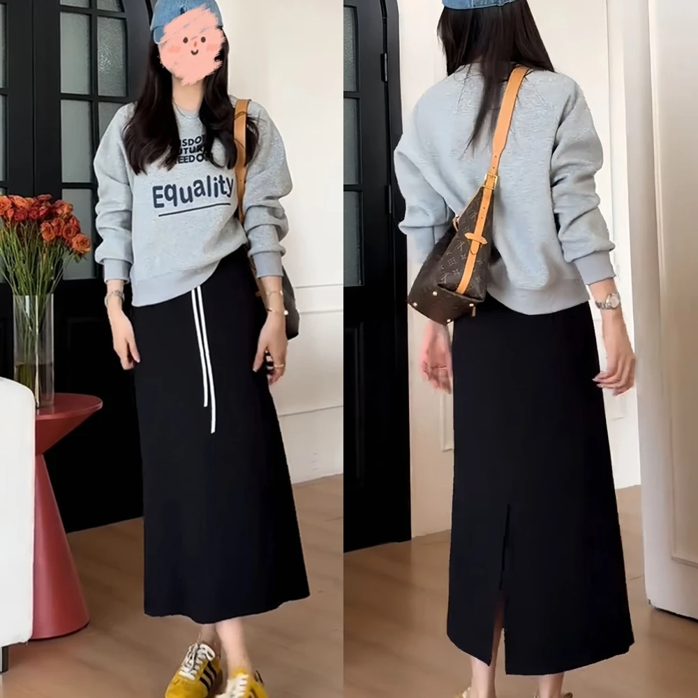 春季新款时尚圆领字母印花长袖运动卫衣女高级感休闲百搭半身裙