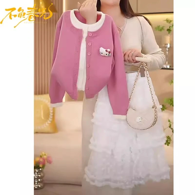 女童毛衣半身裙套装2025春秋款卡通假两件开衫针织衫蕾丝蛋糕纱裙