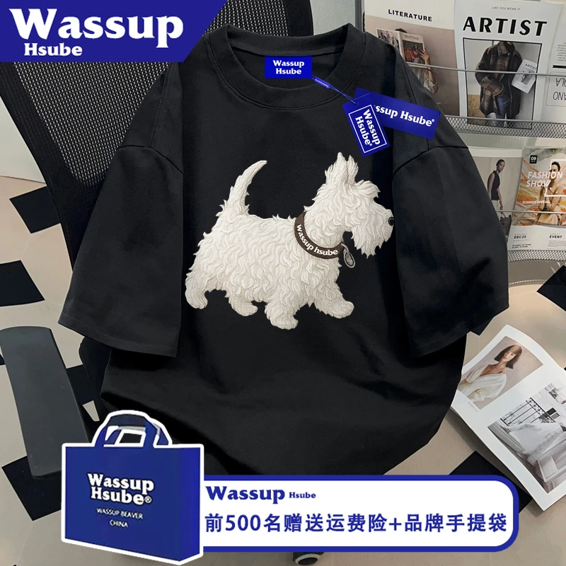 WASSUP HSUBE卡通小狗印花纯棉T恤潮流短袖夏季ins男女黑色上衣