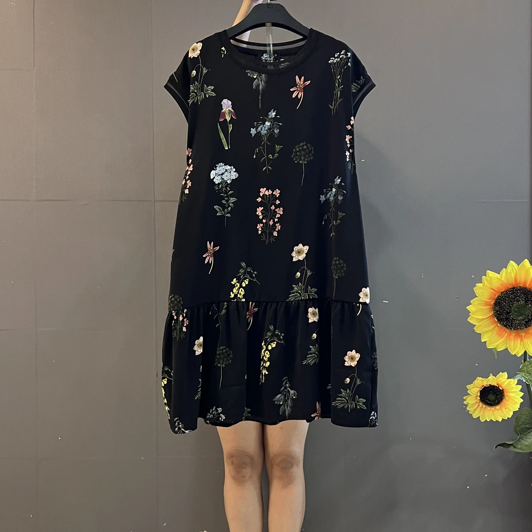 夏季新款圆领时尚印花宽松遮肚中长款连衣裙25329