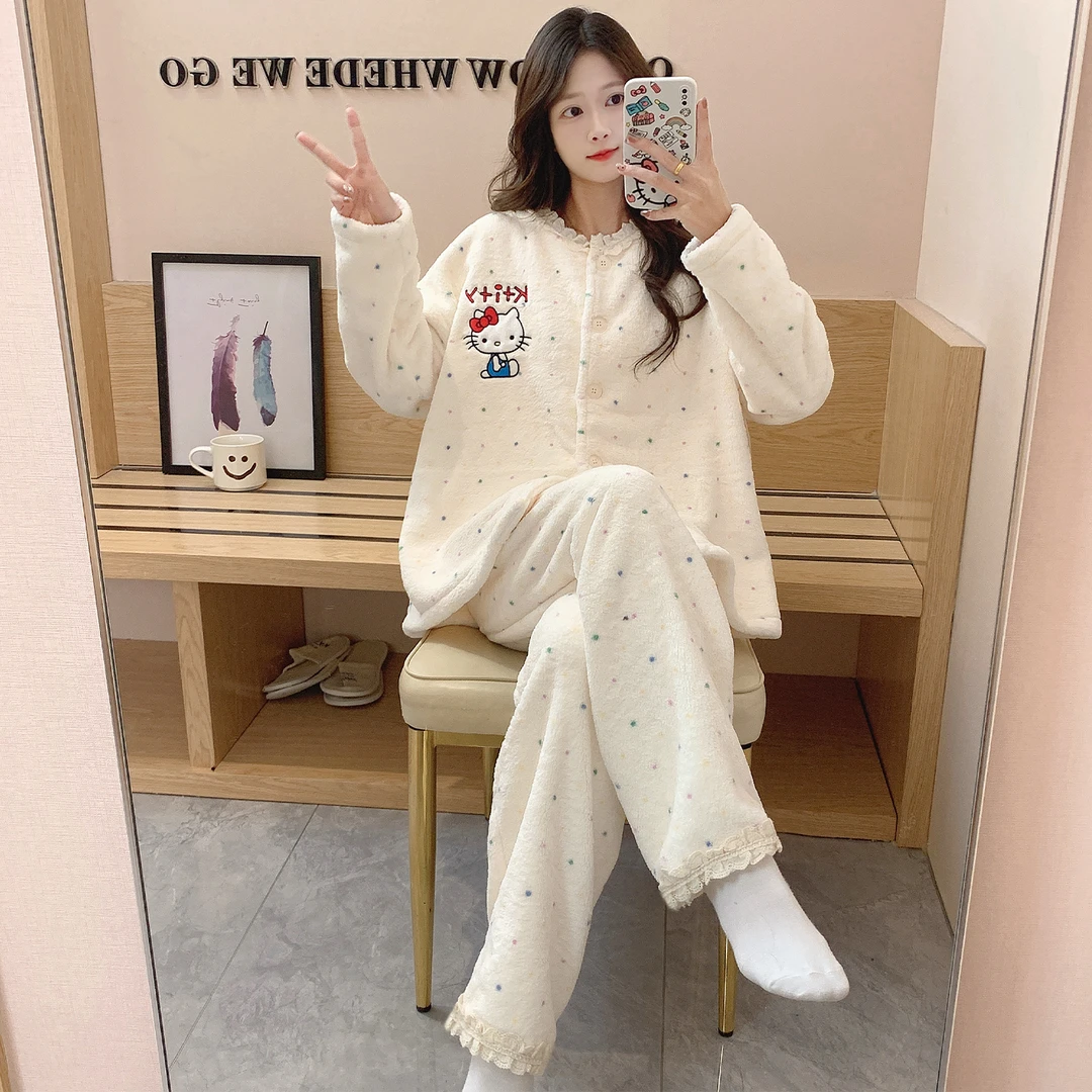法兰绒秋冬季睡衣女长袖长裤波点卡通冬季加厚保暖女款家居服套装