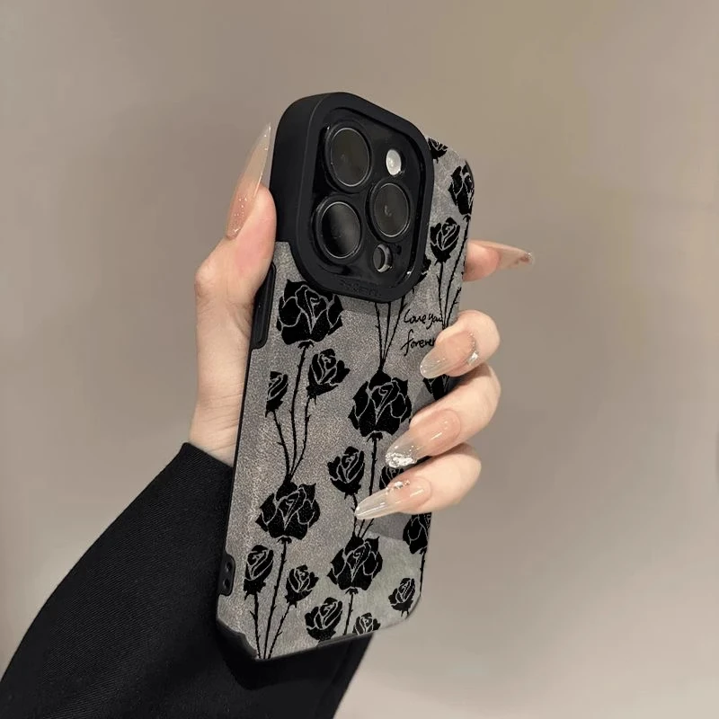 黑玫瑰适用苹果16pro手机壳个性华为70荣耀小米15羊巴皮VIVO防摔