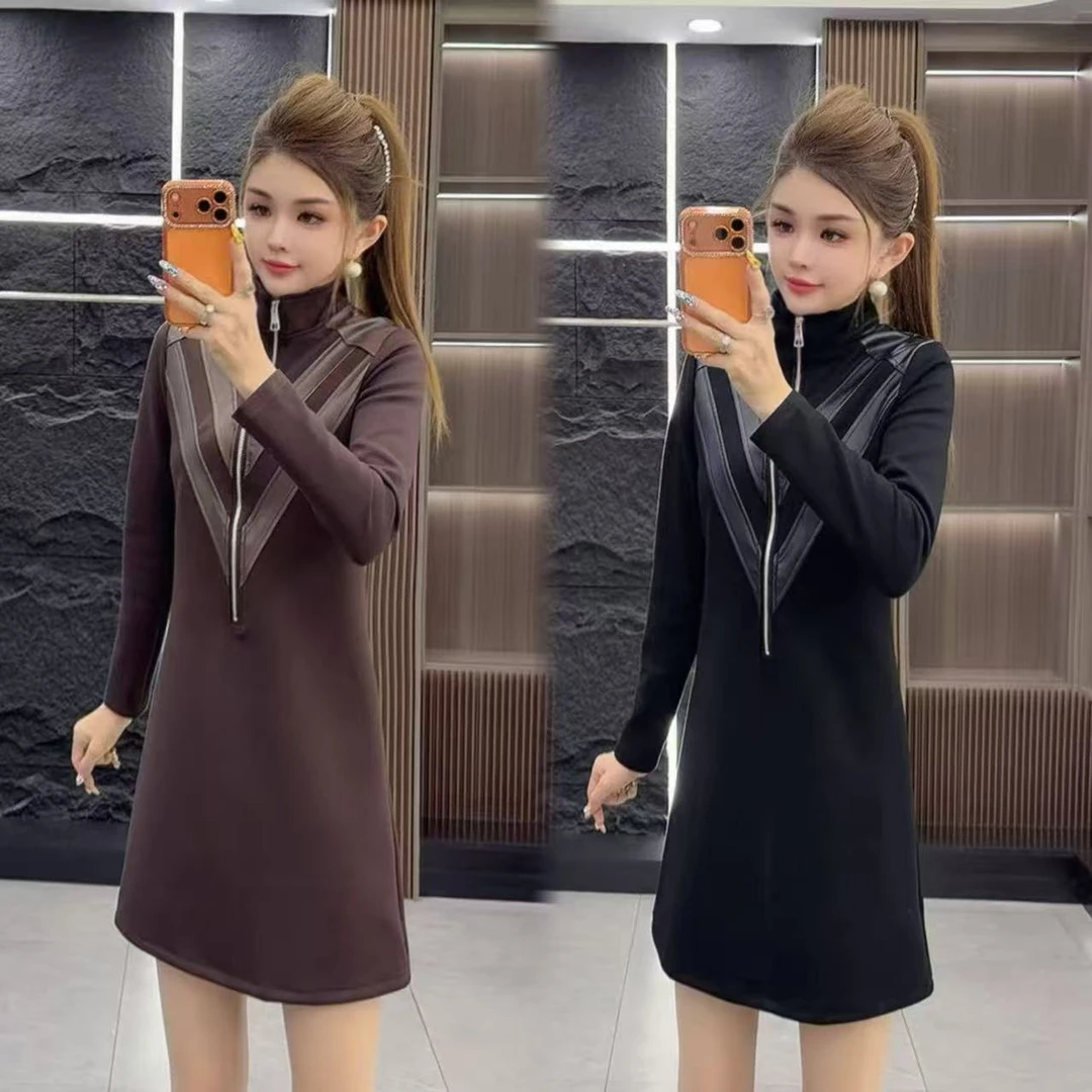 冬季6747 加厚立领半拉链拼皮连衣裙