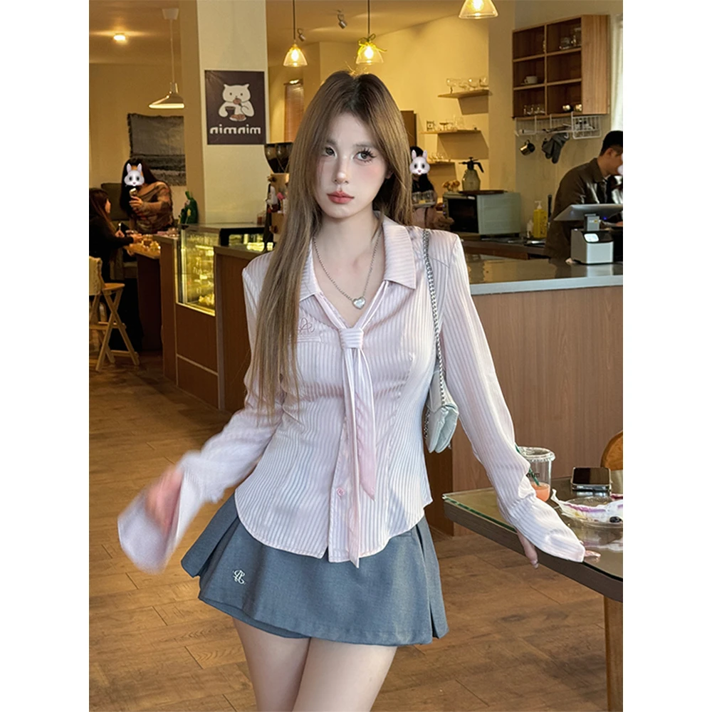 雪纺四面弹辣妹衬衫POLO领纯欲辣妹早秋衬衫收腰修身时尚女装衬衣