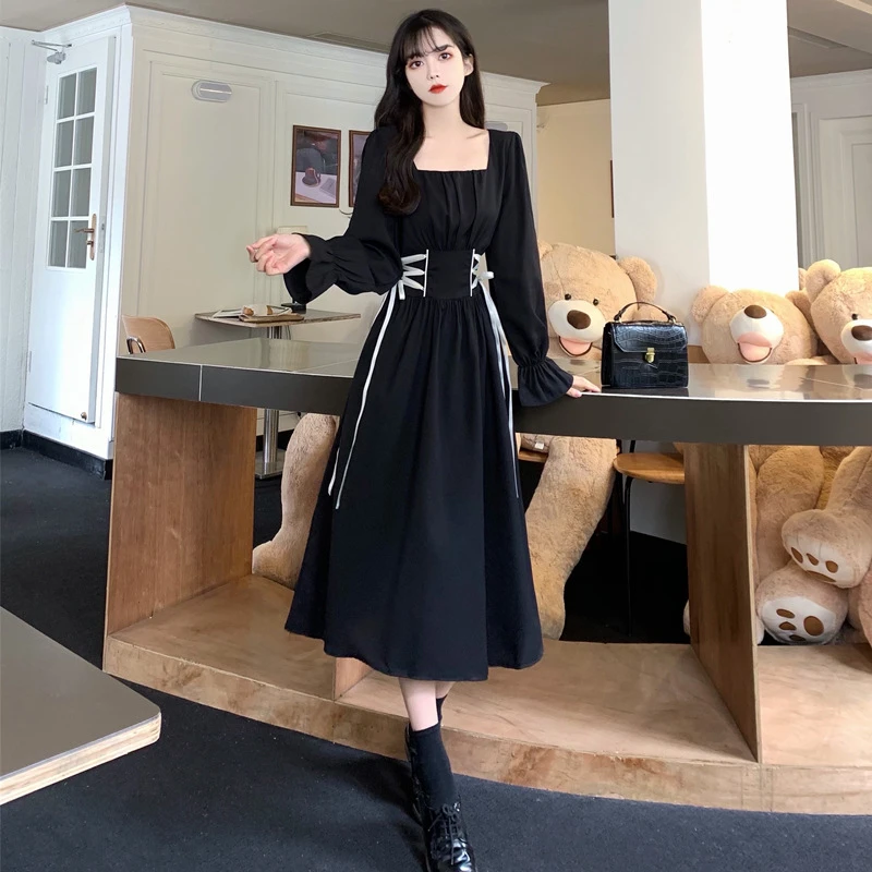 春季新款大码胖法式复古绑带收腰显瘦气质黑色连衣裙