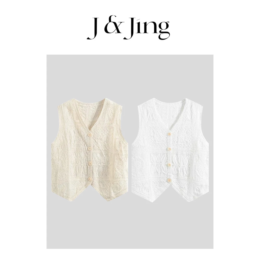 J&Jing-「兰亭序」-上新~韩系百搭镂空V领马甲短外套YJ2424