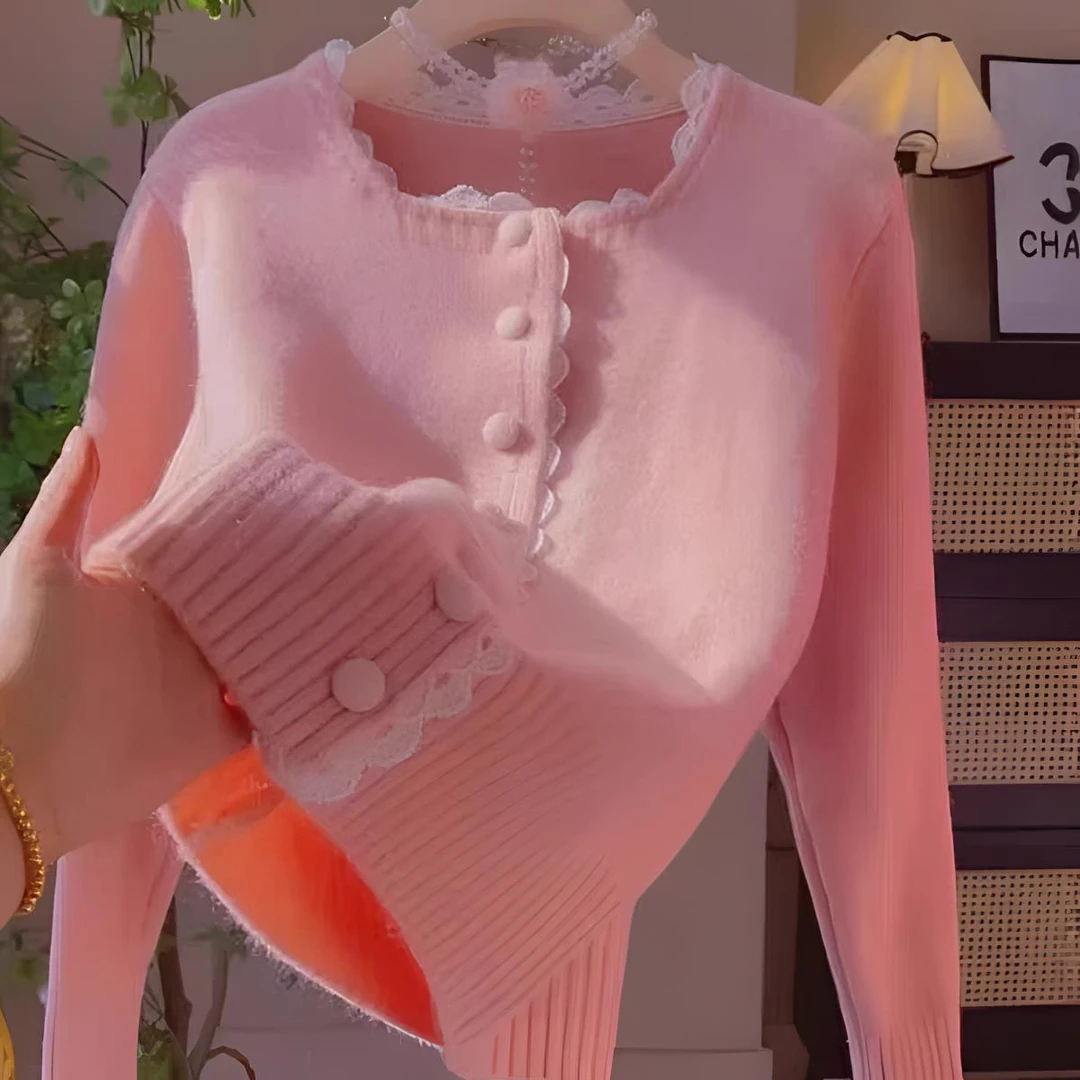 新款洋气减龄百搭蕾丝花边针织开衫女休闲简约百搭单排扣毛衣外套