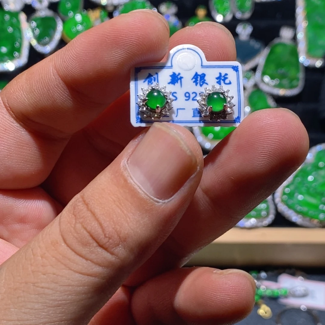 翡翠银S925镶嵌耳饰天然A货翡翠
