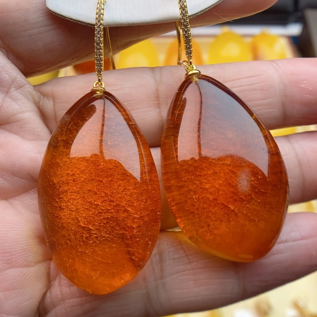 琥珀耳饰银S925镀金镶嵌