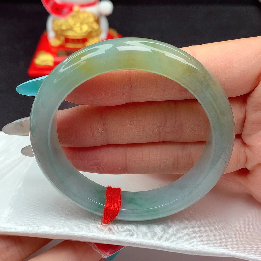 翡翠手镯未镶嵌翡翠53.7冰润冰黄翡三彩正圈