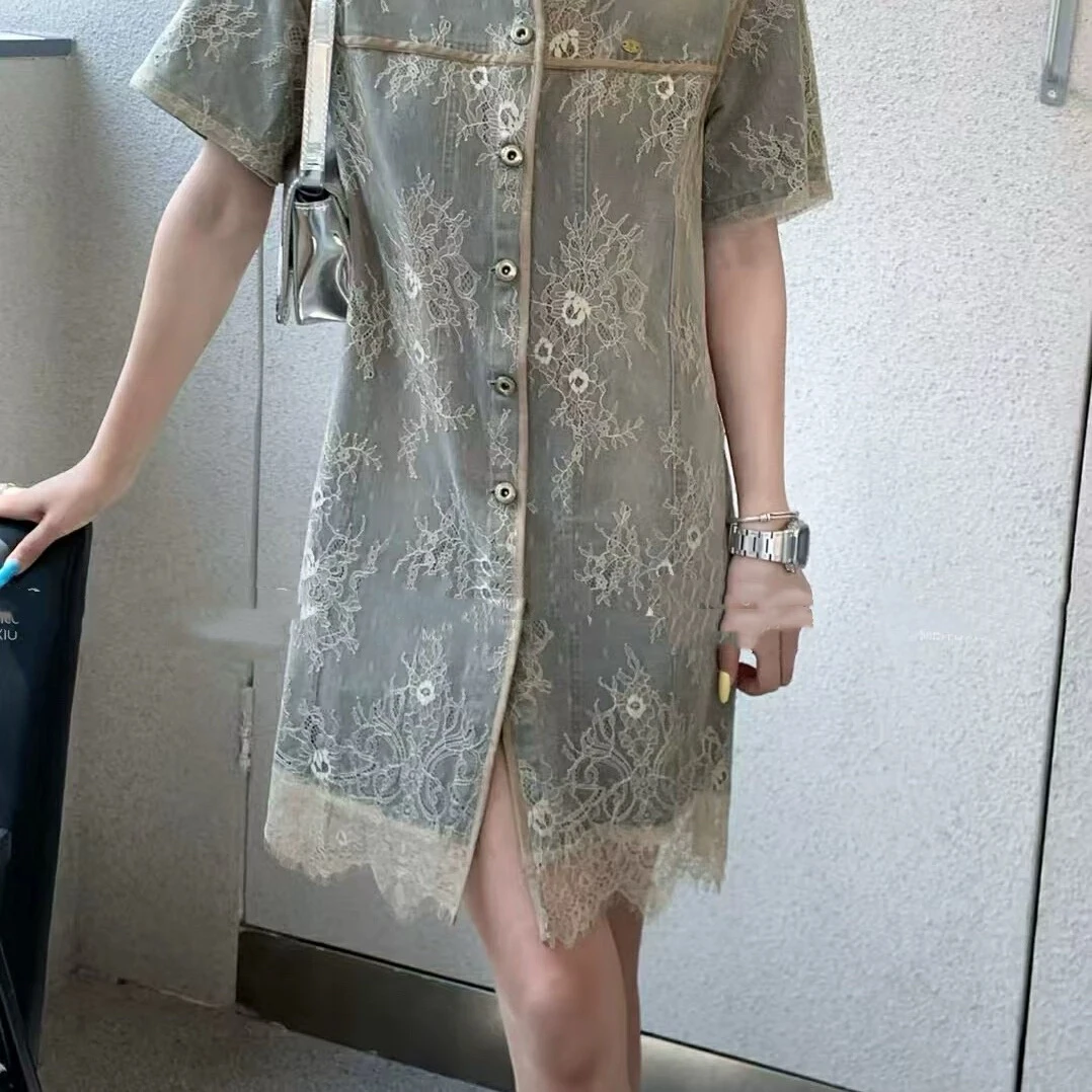 2025新款蕾丝拼接短袖t裙牛仔裙宽松显瘦中长女6162