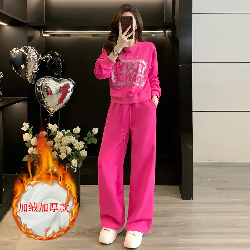 秋冬女加绒休闲套装韩版时尚洋气加厚卫衣阔腿宽松显瘦运动两件套