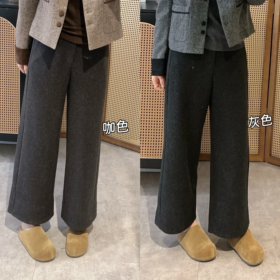 【欧加粒粒】秋冬新款系扣中腰压褶加厚毛呢九分直筒裤 D25101606