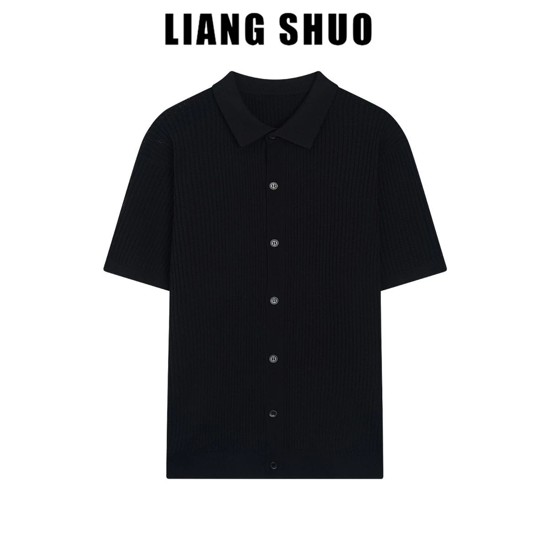 LIANG SHUO 纯色镂空针织短袖polo衫夏季休闲百搭凉感抗皱透气T恤