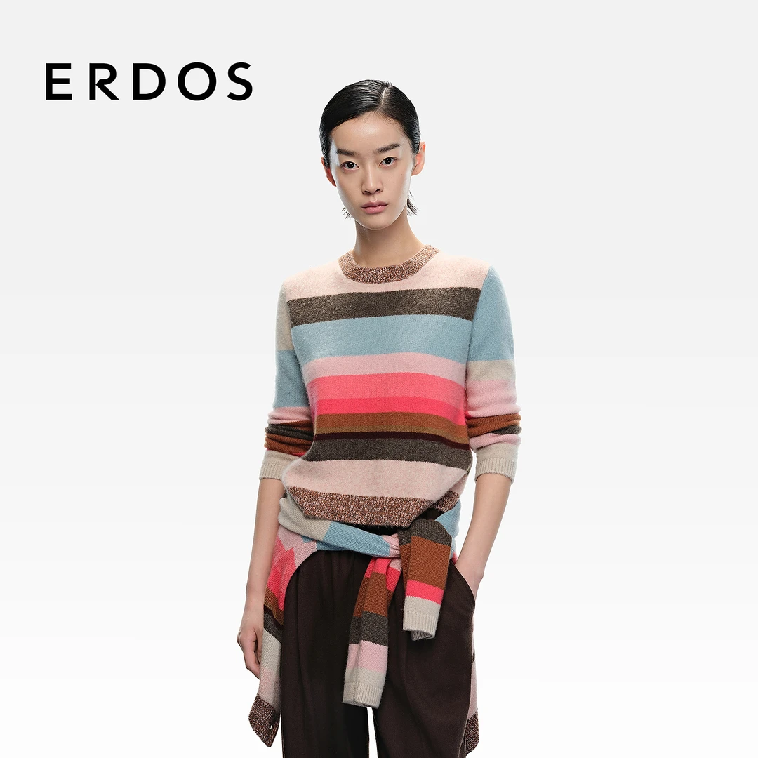 ERDOS 彩色条纹微收下摆显瘦女羊绒套衫【单色魔方】25年秋冬新品