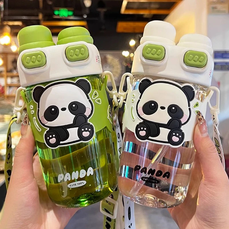 儿童水杯上学专用可爱熊猫tritan塑料杯便携防摔小学生吸管杯子