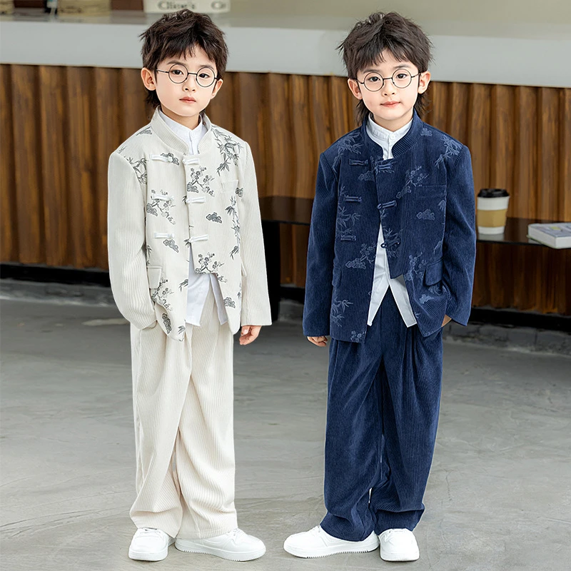 男童新中式唐装国风汉服套装儿童复古立领中山装朗诵主持表演衣服