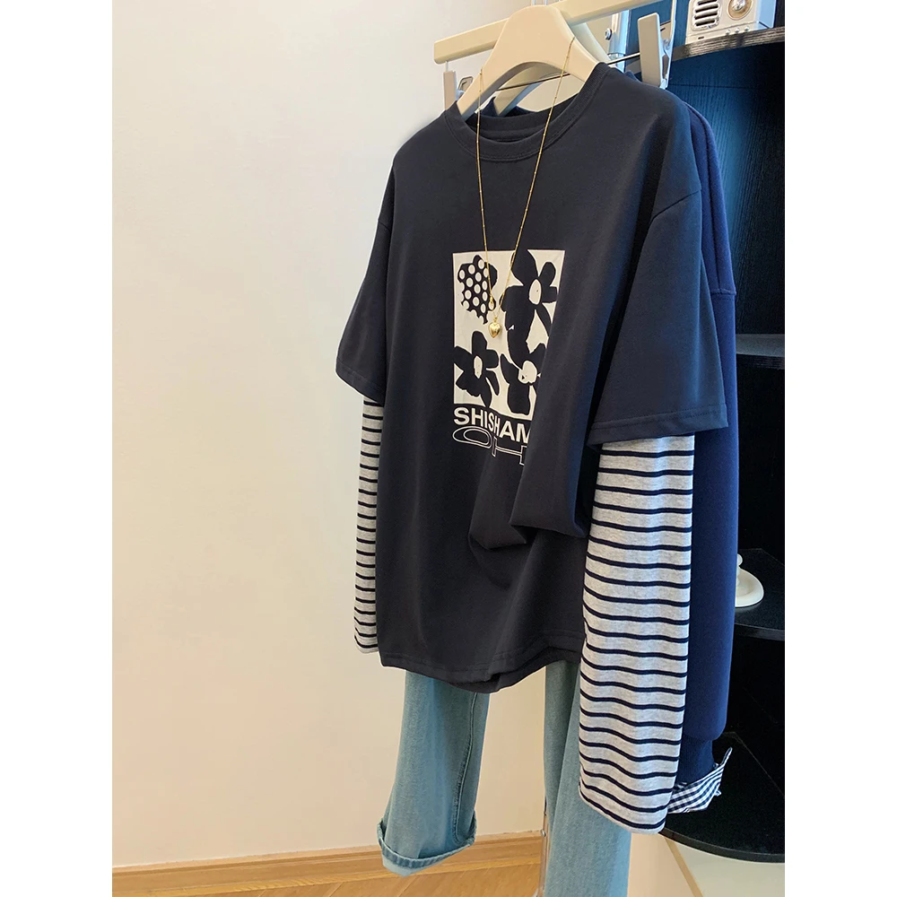 胖妹妹240斤大码藏青色拼接条纹长袖t恤女秋季假两件设计感上衣服