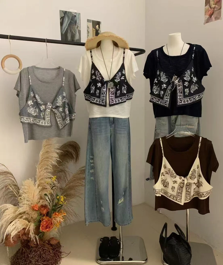 拼接短袖夏季宽松型圆领T恤背心百搭时尚【1146】