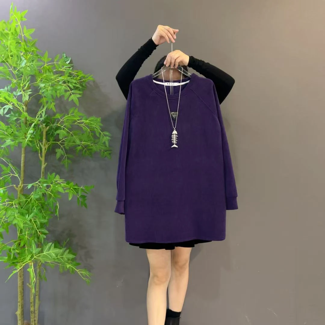 861秋冬中长款纯色长袖显瘦休闲紫色ins圆领T恤卫衣时尚大码女装