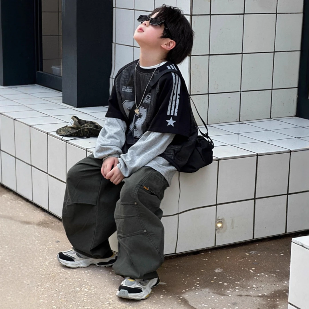 A.MU2025秋季新款【星耀】拼接袖套网眼假两件长袖T恤上衣男童