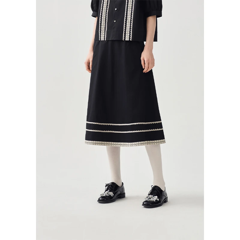 【浪漫千金】茶愫弹力缎纹棉撞色蕾丝拼接半身裙女25夏新KS1002D21