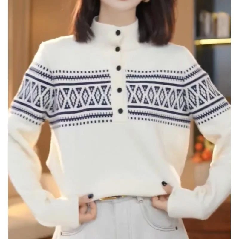 【费尔岛提花】高级感半高领长袖针织衫女秋冬新款韩系洋气内搭上衣