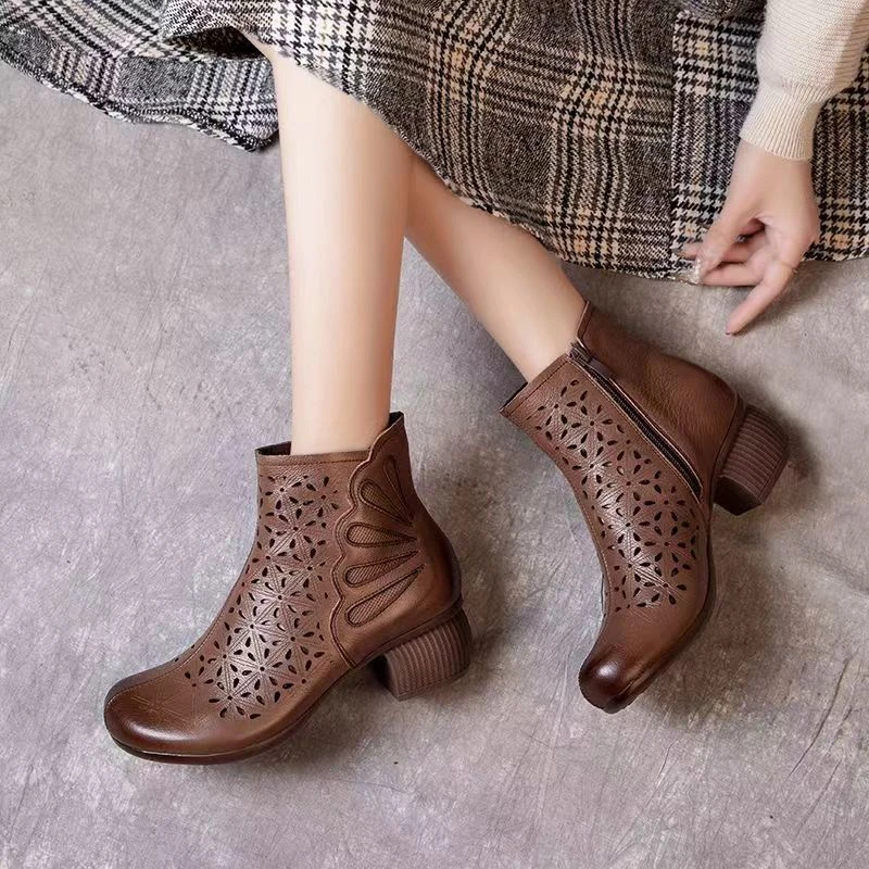 春夏款2024真皮复古风凉靴舒适镂空软底软面中粗跟女靴透气妈妈鞋