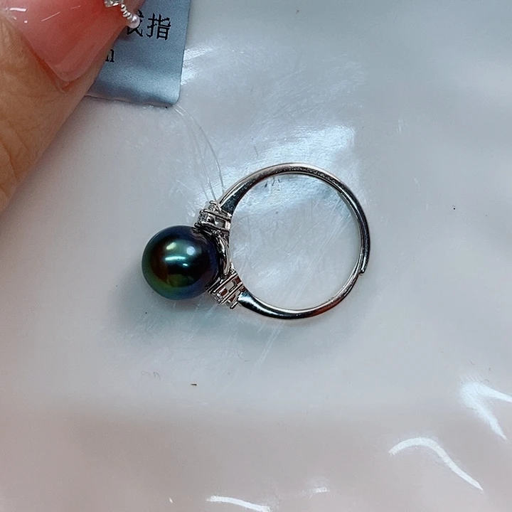 海水珍珠戒圈银S925镶嵌大溪地8-9mm