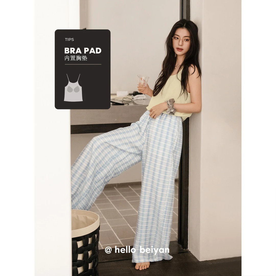 贝妍纯棉睡衣女夏季性感无袖背心长裤套装休闲可外穿带胸垫家居服