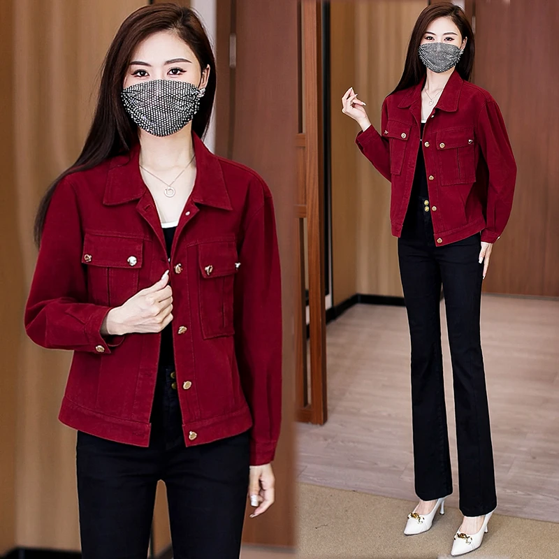 韩版酒红色牛仔短外套女2025秋季新款小个子穿搭休闲百搭翻领夹克