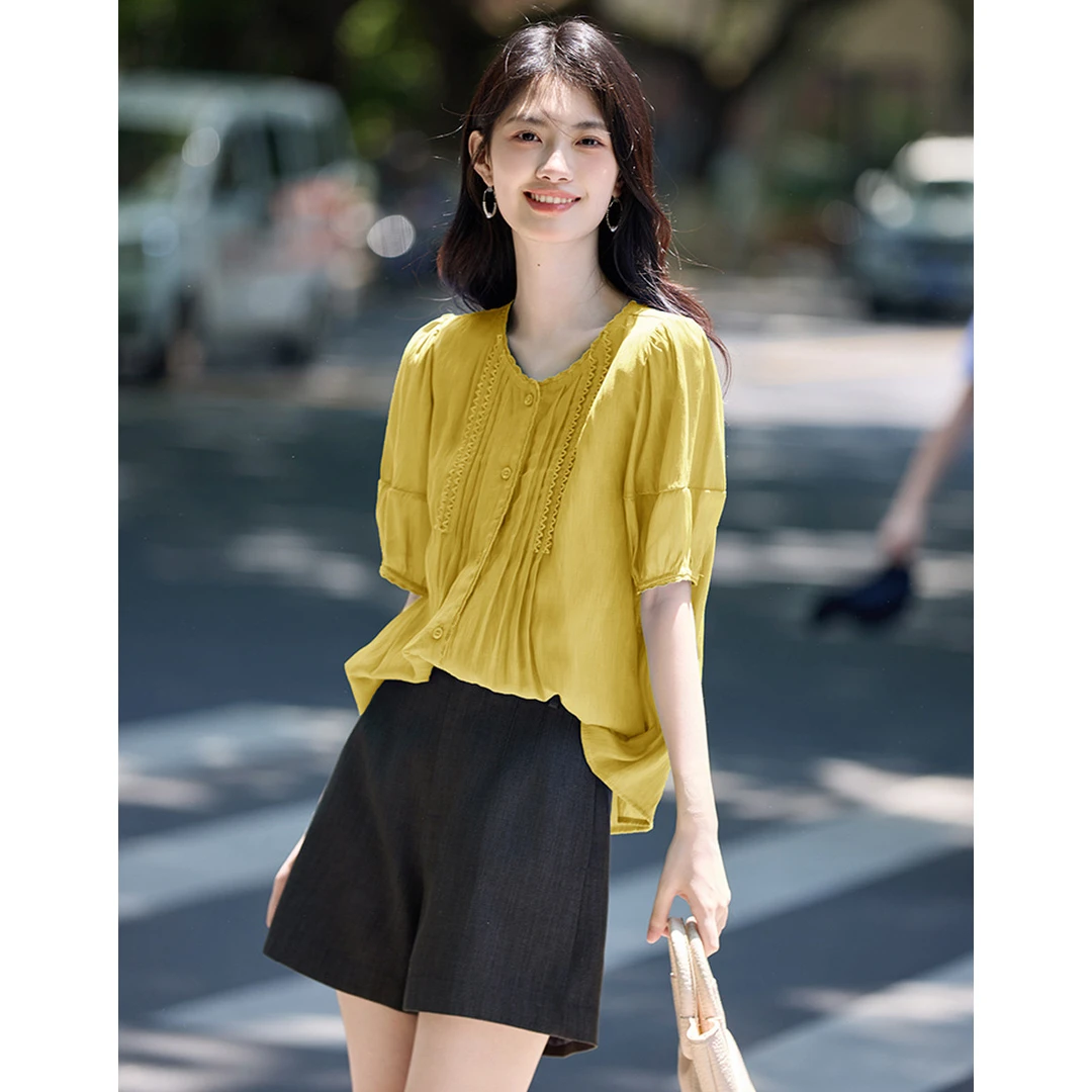 尚静街头风拼接褶皱花边圆领短袖衬衫2025夏季新款时尚休闲百搭