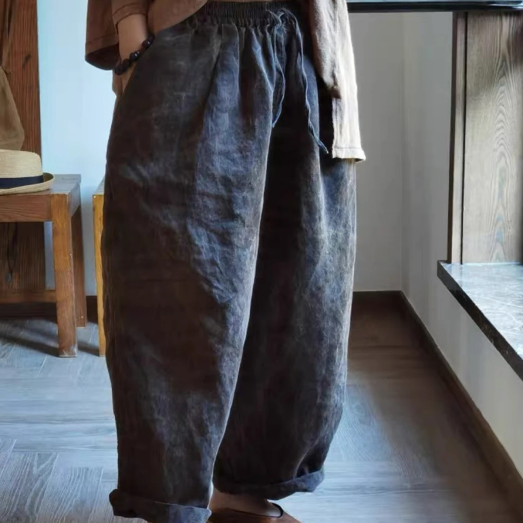 沉香布衣草堂休闲裤几见棉麻植物染柿染百搭直筒松紧阔腿裤K23302