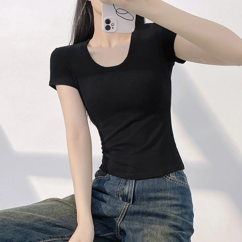 大U领短袖女t恤正肩显瘦基础款辣妹短款上衣百搭打底衫舒适高弹