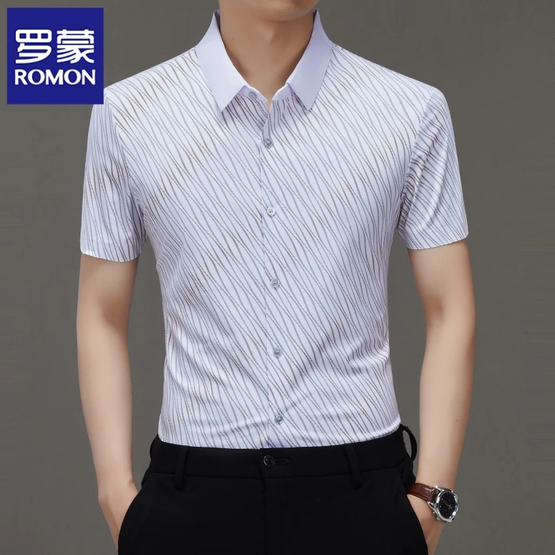 【甄选面料】罗蒙男士冰丝短袖衬衫亲肤舒适休闲中青年免烫抗皱印花