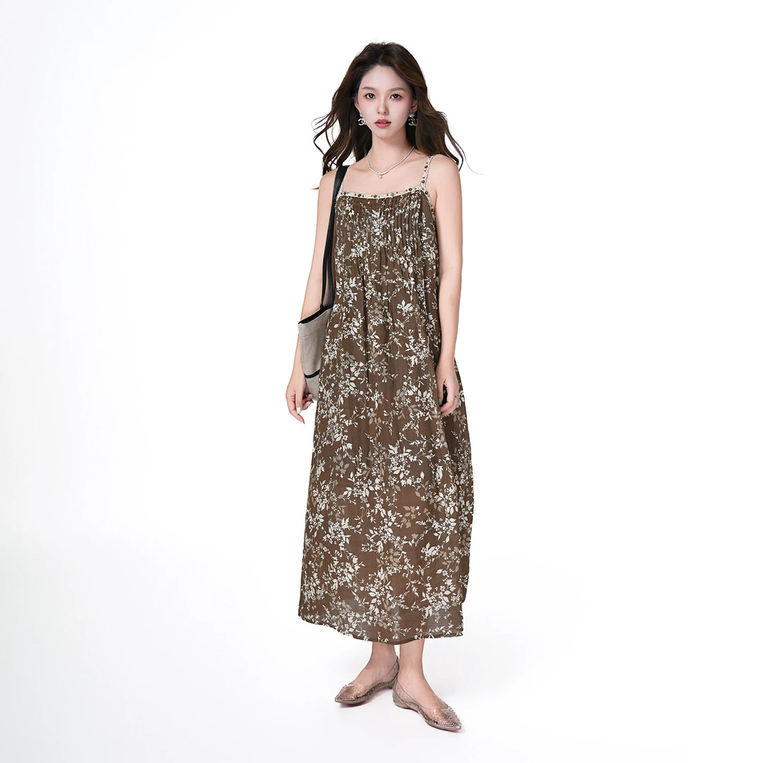 CsyX2-2025S/S早秋新款褶皱小碎花吊带连衣裙L30735