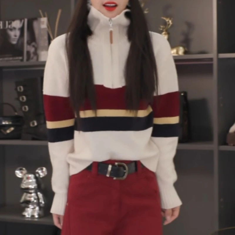 新款时尚拼色时尚休闲拉链毛针织外套LK2508046