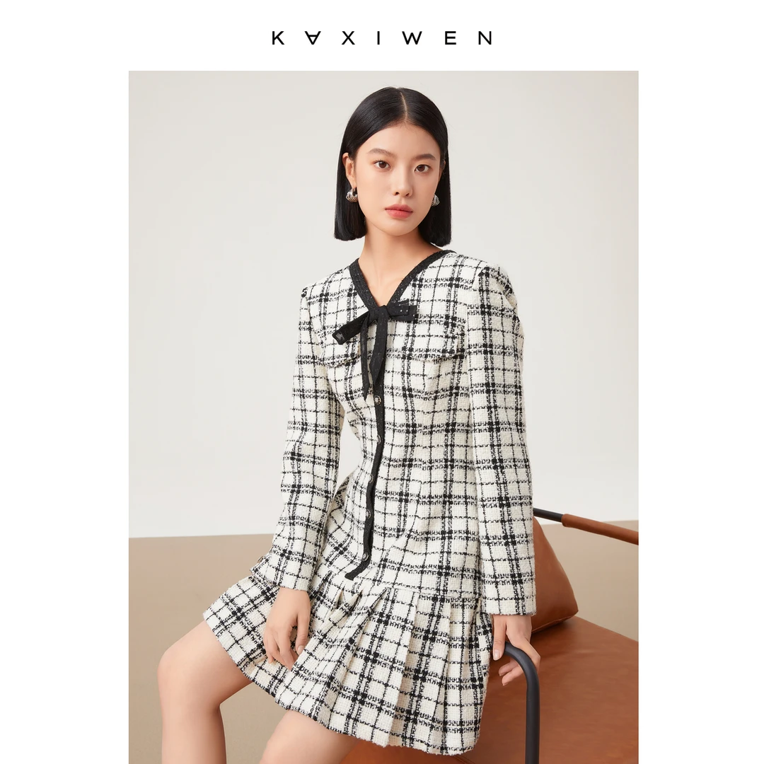 【许半夏推荐】女装v领蝴蝶结装饰小香风气质裙子X09BLE8755