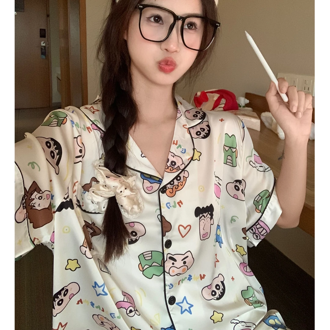 ins夏季冰丝蜡笔小新大码睡衣女卡通可爱宽松300斤可外穿家居服