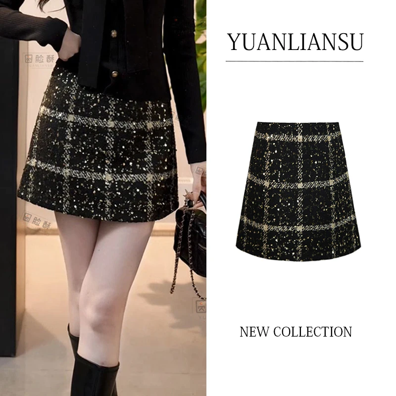 YUANLIANSU/圆脸酥【花影迷蝶】法式时尚复古格纹亮片拼接半身裙女