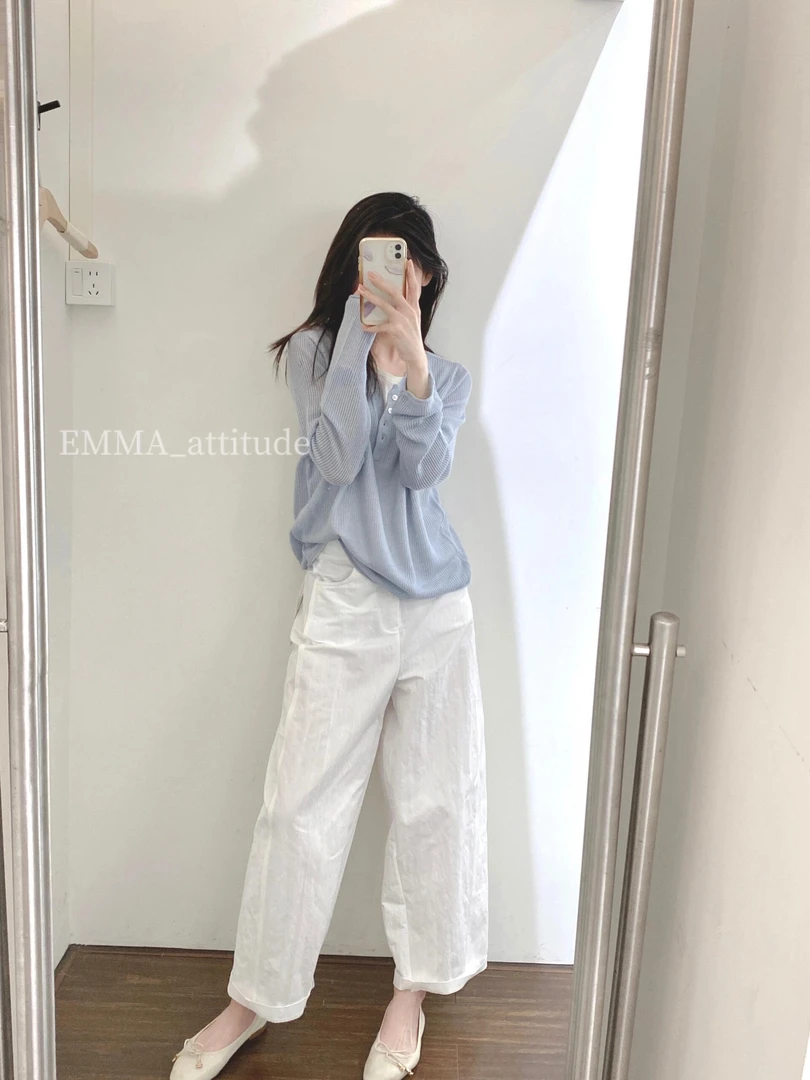 2025春季新款韩系设计感半开圆领针织衫百搭显瘦休闲裤两件套装