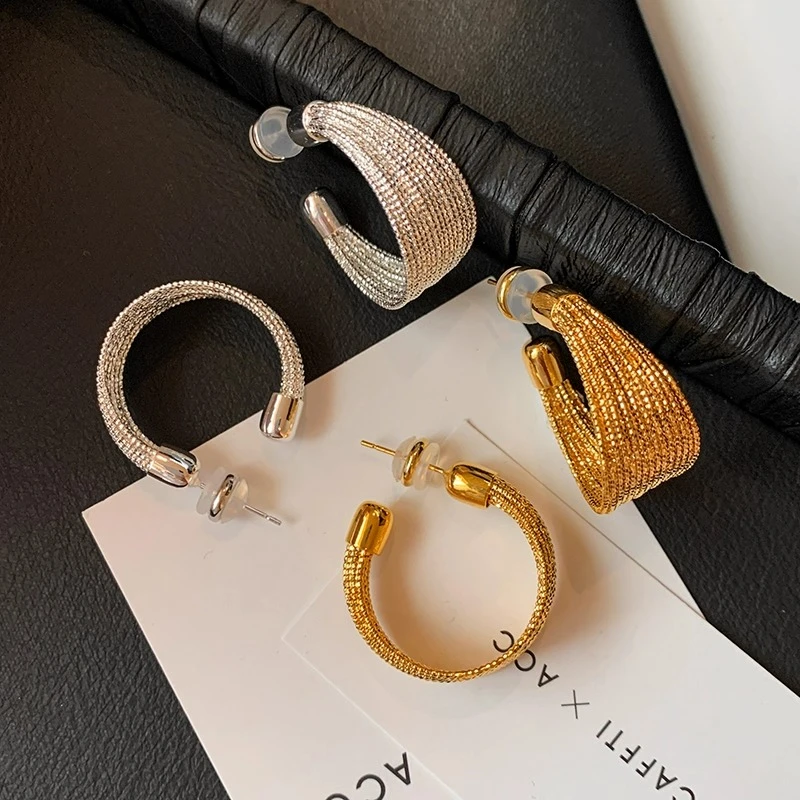 欧美C形金属银色编织拉丝耳环女小众高级耳钉2025新款