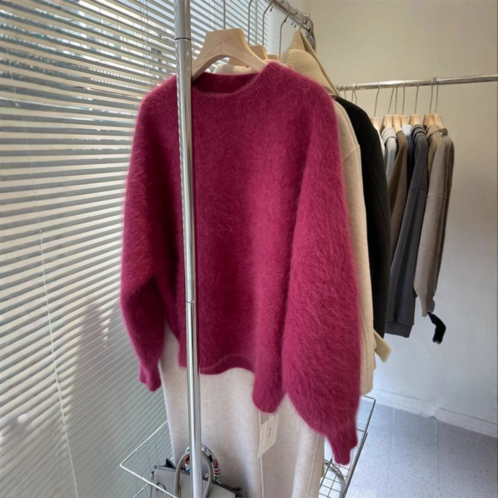 玫红色仿水貂绒圆领毛衣女秋冬季新款高级感宽松软糯加厚针织上衣