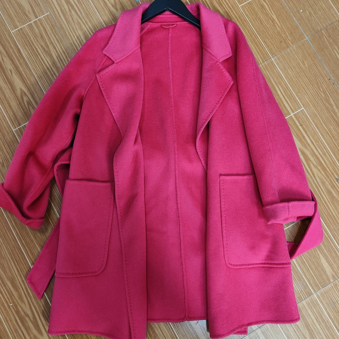 8221#新款时尚宽松翻领绑带收腰中长款百搭双面毛呢大衣外套